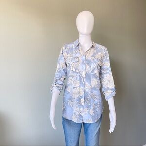 Express Blue and White Striped Floral Button Down Shirt